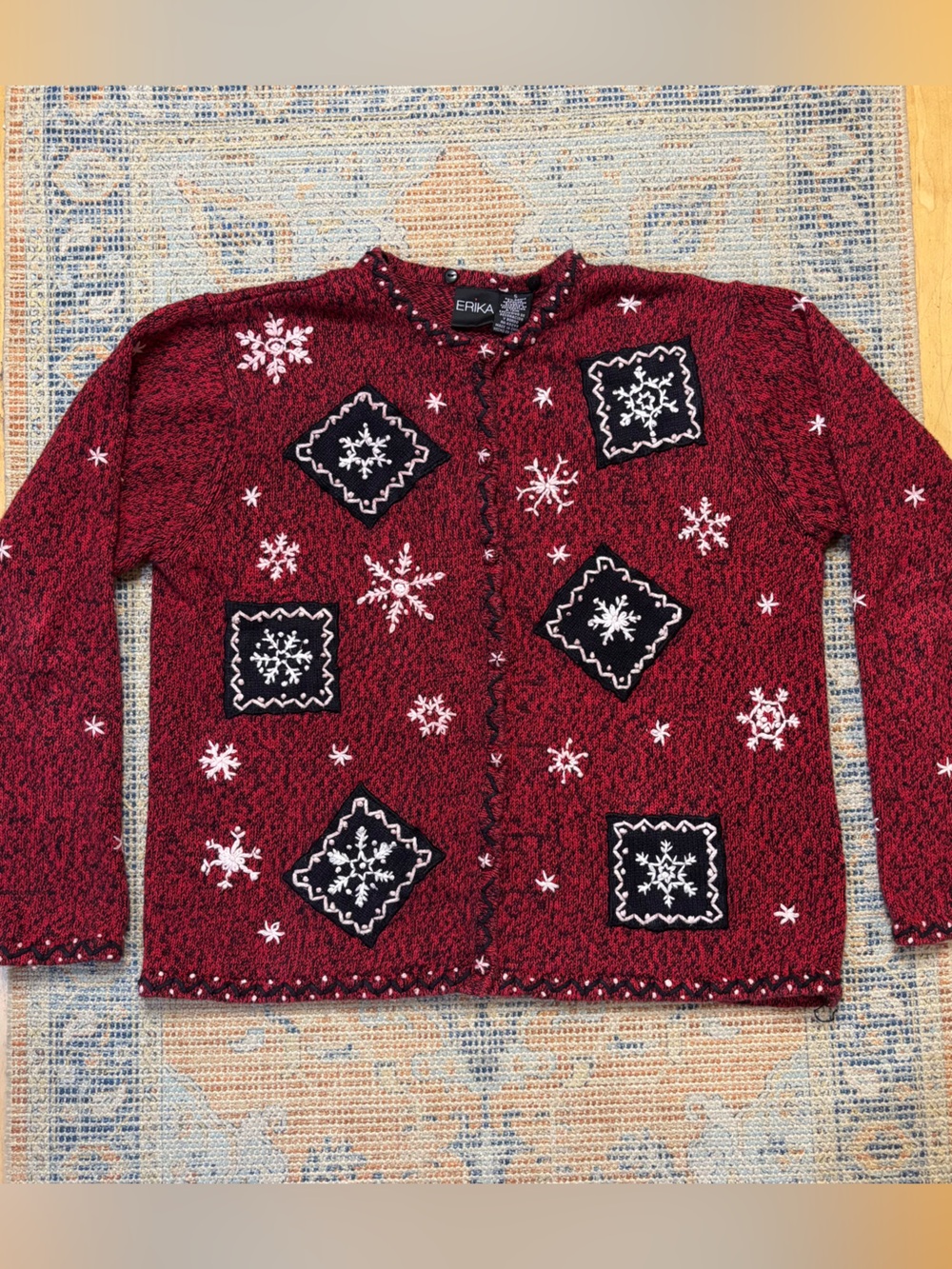 ERIKA Vintage Winter Red Knit Cardigan Embroidered Snowflakes Size Small Festive